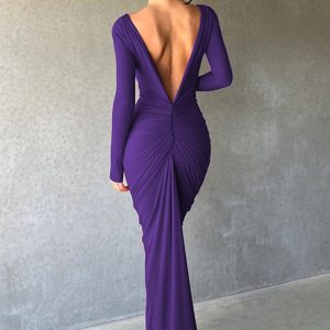 Diese Frauen plissiert lange Ärmel rückenfrei Bodycon Maxi Abendkleid Design von hoher Qualität Polyster und Spandex Material gemacht