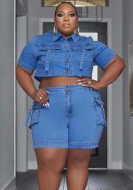 This Women Plus Size Casual Pocket Stretch Denim Short Sleeve Crop Top And Shorts Two-Piece Set Design And Made Of Comfortable And Elastic Fabric. Wholesale Plus Size Two Piece Sets Is a Must-Have Item For Curvy Ladies. Two Piece Sets Can Either Be Worn Together Or Individually