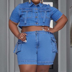 This Women Plus Size Casual Pocket Stretch Denim Short Sleeve Crop Top And Shorts Two-Piece Set Design And Made Of Comfortable And Elastic Fabric. Wholesale Plus Size Two Piece Sets Is a Must-Have Item For Curvy Ladies. Two Piece Sets Can Either Be Worn Together Or Individually