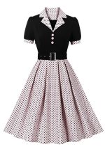 This Women Polka Dot Turndown Collar Short Sleeve Belt Dress Design Made Of High Quality Polyster And Spandex Material. It Is Stretchy