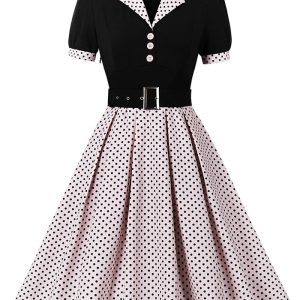 This Women Polka Dot Turndown Collar Short Sleeve Belt Dress Design Made Of High Quality Polyster And Spandex Material. It Is Stretchy