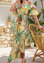 This Women Print Casual Off Shoulder Print Lace Up Jumpsuit Design Made Of High Quality Polyster And Spandex Material. It Is Stretchy