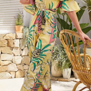 This Women Print Casual Off Shoulder Print Lace Up Jumpsuit Design Made Of High Quality Polyster And Spandex Material. It Is Stretchy