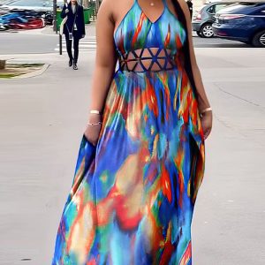 This Women Print Cutout Halter Neck Lace-Up Slit Dress Made Of Soft And Elastic Fabric. Global Lover Wholesale Plus Size Dresses And Hope Curvy Ladies Find Here a Warm And Exciting Place To Shop Affordable Curvy Dresses Online - Plus Size Casual