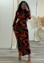 This Women Print Half Turtle Neck Long Sleeve Slit Maxi Dress Design Made Of High Quality Polyster And Spandex Material. It Come With Good Stretch And Wearing Comfortable. Women¡¯s Midi Dresses Is Omnipotent And Suit For All Kinds Of Occasions - Daily Wear