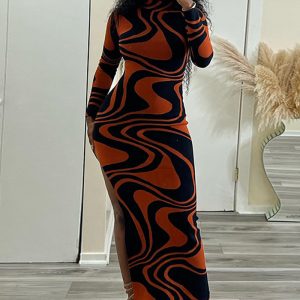 This Women Print Half Turtle Neck Long Sleeve Slit Maxi Dress Design Made Of High Quality Polyster And Spandex Material. It Come With Good Stretch And Wearing Comfortable. Women¡¯s Midi Dresses Is Omnipotent And Suit For All Kinds Of Occasions - Daily Wear