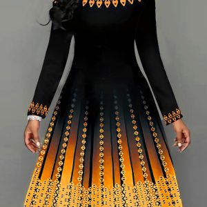 This Women Print Long Sleeve Dress Design Made Of High Quality Polyster And Spandex Material. It Is Stretchy