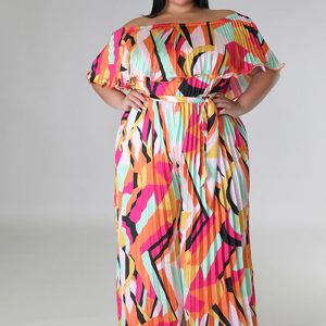 This Women Print Off Shoulder Backless Pleated Loose Jumpsuit Design Made Of High Quality Polyster And Spandex Material. It Is Stretchy