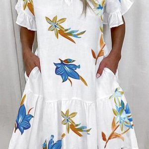 This Women Printed Ruffle Pocket Dress Design Made Of High Quality Polyster And Spandex Material. It Is Stretchy