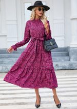 This Women Printed Stand Collar Ruffled Long Sleeve Lace Up Dress Design Made Of High Quality Polyster And Spandex Material. It Is Stretchy