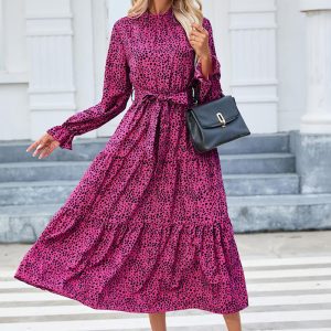 This Women Printed Stand Collar Ruffled Long Sleeve Lace Up Dress Design Made Of High Quality Polyster And Spandex Material. It Is Stretchy