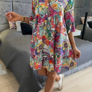 This Women Printed v-Neck Half-Sleeve Loose Casual Dress Design Made Of High Quality Polyster And Spandex Material. It Is Stretchy