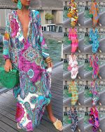 This Women Printed v-Neck Long Sleeve Long Dress Design Made Of High Quality Polyster And Spandex Material