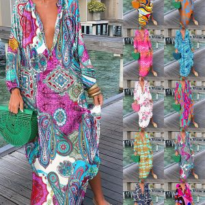 This Women Printed v-Neck Long Sleeve Long Dress Design Made Of High Quality Polyster And Spandex Material