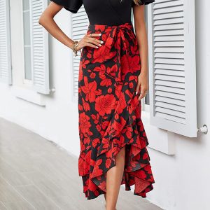 This Women Printed v-Neck Ruffle Floral Dress Design Made Of High Quality Polyster And Spandex Material. It Is Stretchy