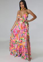 This Women Printed v-Neck Straps Beach Dress Design Made Of High Quality Polyster And Spandex Material