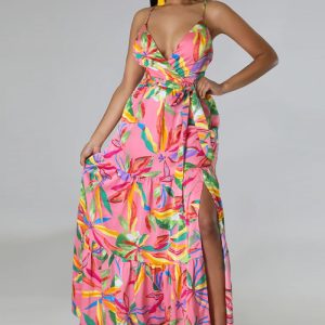 This Women Printed v-Neck Straps Beach Dress Design Made Of High Quality Polyster And Spandex Material