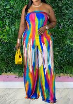 This Women Rainbow Print Sexy Off-Shoulder Jumpsuit Design Made Of High Quality Polyster And Spandex Material. It Is Stretchy