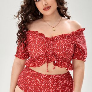 This Women Red Bikini V-Neck Floral Print Ruffles Plus Size Swimwear is made of good quality lycra and spandex fabric