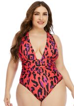 Questo rosso donne One-Piece V-Neck Leopard Print Folds Plus Size costumi da bagno è realizzato in lycra di buona qualità e tessuto spandex