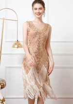 This Women Retro Double Layer Tassel Sequin Party v Neck Beading Dress Design Made Of Good Quality Polyster And Spandex Material