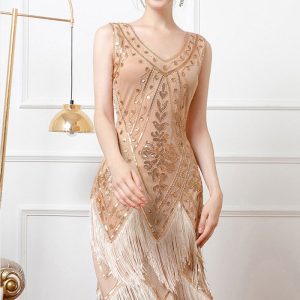 This Women Retro Double Layer Tassel Sequin Party v Neck Beading Dress Design Made Of Good Quality Polyster And Spandex Material