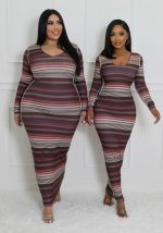 This Women Ribbed Printed Stripe Round Neck Long Sleeve Dress Design Made Of High Quality Polyster And Spandex Material