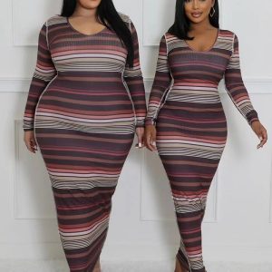 This Women Ribbed Printed Stripe Round Neck Long Sleeve Dress Design Made Of High Quality Polyster And Spandex Material