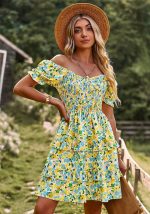 This Women Romantic French Short Sleeve Cascading Ruffles Dress Design Made Of High Quality Polyster And Spandex Material. It Is Stretchy