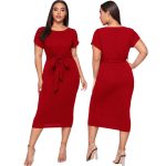 This Women Round Neck Belted Short Sleeve Midi Dress Design Made Of High Quality Polyster And Spandex Material. It Is Stretchy