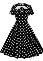 This Women Round Neck Bow Tie Polka Dot Short Sleeve Dress Design Made Of High Quality Polyster And Spandex Material. It Is Stretchy