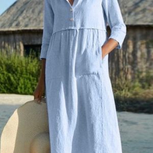 This Women Round Neck Button Pocket Linen Half-Sleeve Solid Dress Design Made Of High Quality Polyster And Spandex Material. It Come With Good Stretch And Wearing Comfortable. Women¡¯s Midi Dresses Is Omnipotent And Suit For All Kinds Of Occasions - Daily Wear