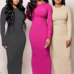 Diese Frauen Rundhalsausschnitt lange Ärmel Bodycon Maxi Kleid Design aus hochwertigem Polyster und Spandex Material