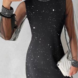 This Women Round Neck Printed Lace Long Sleeve Bodycon Dress Design Made Of High Quality Polyster And Spandex Material. It Is Stretchy