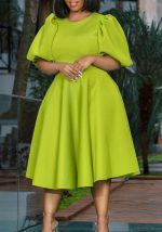 This Women Round Neck Puff Sleeve Dress Design Made Of High Quality Polyster And Spandex Material. It Come With Good Stretch And Wearing Comfortable. Women¡¯s Midi Dresses Is Omnipotent And Suit For All Kinds Of Occasions - Daily Wear