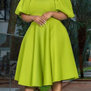 This Women Round Neck Puff Sleeve Dress Design Made Of High Quality Polyster And Spandex Material. It Come With Good Stretch And Wearing Comfortable. Women¡¯s Midi Dresses Is Omnipotent And Suit For All Kinds Of Occasions - Daily Wear