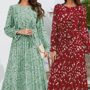 This Women Ruffle Pleated Round Neck Floral Dress Design Made Of High Quality Polyster And Spandex Material. It Come With Good Stretch And Wearing Comfortable. Women¡¯s Midi Dresses Is Omnipotent And Suit For All Kinds Of Occasions - Daily Wear