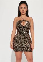 This Women Sequin Deep v Neck Halter Neck Bodycon Dress Design Made Of Good Quality Polyster And Spandex Material