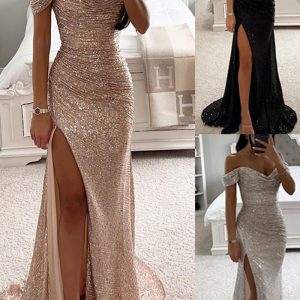 This Women Sequin Off Shoulder Slit Dress Design Made Of Good Quality Polyster And Spandex Material