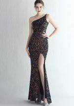 This Women Sequined One Shoulder Strap Formal Party Slit Mermaid Evening Dress Design Made Of Good Quality Polyster And Spandex Material