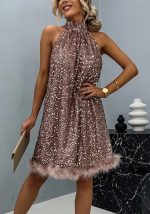 This Women Sequined Sleeveless Halter Neck Dress Design Made Of High Quality Polyster And Spandex Material. It Is Stretchy