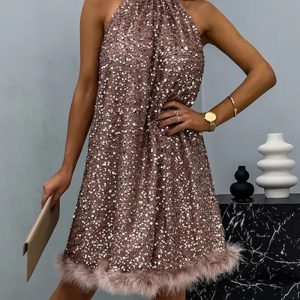 This Women Sequined Sleeveless Halter Neck Dress Design Made Of High Quality Polyster And Spandex Material. It Is Stretchy