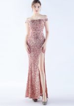 This Women Sequins Formal Party Off Shoulder Evening Dress Design Made Of Good Quality Polyster And Spandex Material