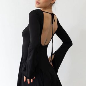 This Women Sexy Backless Round Neck Long Sleeve Dress Design Made Of High Quality Polyster And Spandex Material. It Is Stretchy