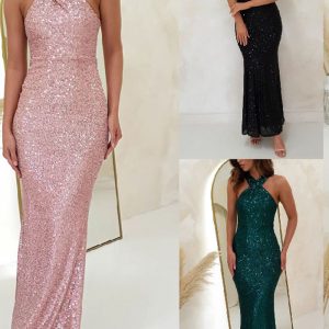 This Women Sexy Backless Sleeveless Sequin Maxi Evening Dress Design Made Of Good Quality Polyster And Spandex Material