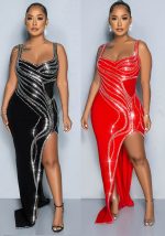 This Women Sexy Beaded Sleeveless Bodycon Slit Dress Design Made Of High Quality Polyster And Spandex Material