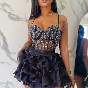 This Women Sexy Beaded Stretch Camisole Cascading Ruffles Dress Tutu Design Made Of High Quality Polyster And Spandex Material