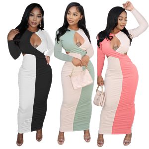 This Women Sexy Colorblock Cutout Long Sleeve Long Dress Design Made Of High Quality Polyster And Spandex Material