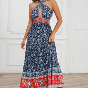 This Women Sexy Crossover Lace-Up Halter Neck Boho Vintage Floral Dress Design Made Of High Quality Polyster And Spandex Material