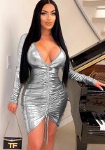 This Women Sexy Deep v Long Sleeve Drawstring Bodycon Dress Design Made Of High Quality Polyster And Spandex Material